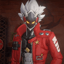 a cartoon character wearing a red jacket that says mc on the sleeves