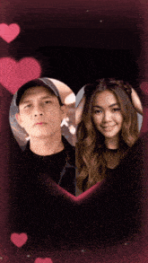 a man and a woman are in a heart shaped frame with hearts around them