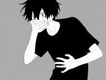 a black and white drawing of a man covering his mouth