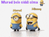 two minions are standing next to each other and the words murad and minnos are on the bottom