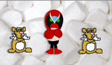 a cartoon character in a red mask stands in front of a pile of white marshmallows
