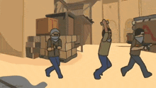 a cartoon of a man carrying boxes and another man walking with a gun
