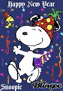 snoopy is wearing a party hat and holding a gift box on a happy new year greeting card .