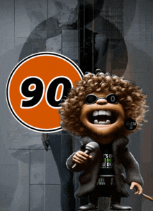 a cartoon character is standing in front of a sign with the number 90 on it