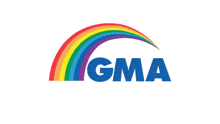 a logo for gma with a rainbow on it
