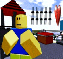 a roblox character with a sad face is standing in front of a playground .