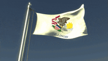 an illinois flag is flying in the wind against a blue sky