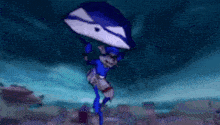 a cartoon character is flying through the air while holding a blue parachute .
