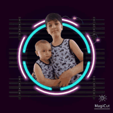 a boy holding a little boy in a neon circle with the word magicut on the bottom