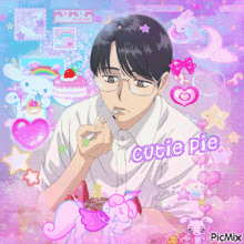 a picture of a boy eating a cutie pie pie