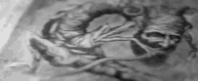a black and white photo of a painting of a man with a beard and a mask on his face .