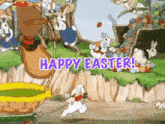 a happy easter greeting card with a cartoon of a rabbit on a chain .