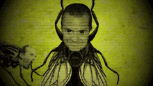 a black and white drawing of a fly with a man 's face on it .