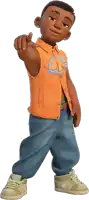a cartoon boy wearing a vest and jeans points at the camera