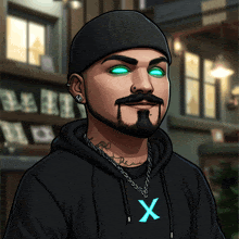 a man with a beard wears a black hoodie with a blue x on it