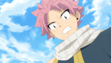 a boy with pink hair and a scarf around his neck looks up at the sky