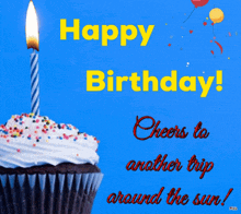 a birthday card with a cupcake with a candle and the words happy birthday cheers to another trip around the sun