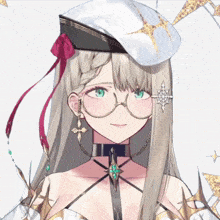 a girl wearing glasses and a white hat is smiling