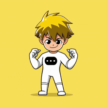 a cartoon character with yellow hair and a white suit