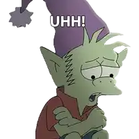 a cartoon character with a purple hat and the words uhh