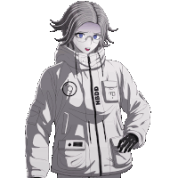 a drawing of a girl wearing a white jacket that says hbdd