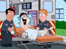 a cartoon of a man in an ambulance with two paramedics