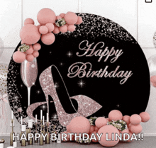 a sign that says happy birthday linda is surrounded by balloons and candles