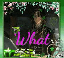 a picture of a man with the word what in pink letters