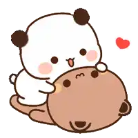 a panda bear is holding a brown bear on its back .
