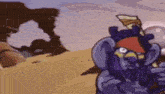 a cartoon drawing of a purple monster holding a sword in a desert .