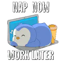 a penguin is sleeping on a laptop next to a cup of coffee and the words nap now work later