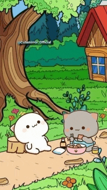 a cartoon cat is sitting on a tree stump next to a cat eating noodles .