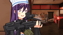 a girl with purple hair and a chef 's hat is holding a gun