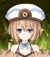 a girl with blue eyes is wearing a white hat and a blue bow tie