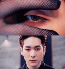 a close up of a man 's eye and a close up of a person 's face