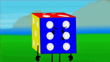 a cartoon drawing of a blue yellow and red dice with white dots