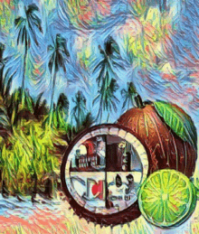 a painting of a sniper scope with a lime and a coconut