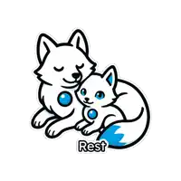 a sticker of a fox and a kitten with the word rest underneath them