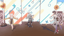 a group of anime characters are dancing in front of a wall that has a heart and a cross on it