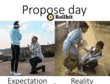 a picture of a man kneeling down next to a woman with the words propose day rollbit on the bottom
