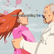 a man is holding a woman in his arms and says `` i am conquering it '' in a cartoon .