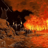 a painting of a group of people standing on a rock in front of a fire