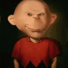 a close up of a cartoon character 's face with a bald head and a red shirt .