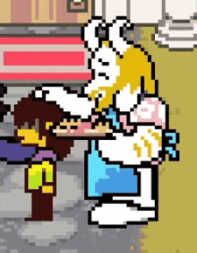 a pixel art drawing of a rabbit holding a child 's hand .