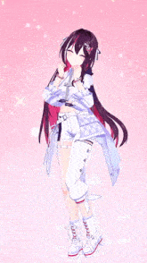 a girl with long black hair is wearing a white outfit and white boots