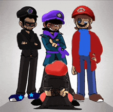 three cartoon characters standing next to each other with one wearing a purple hat