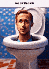 a man is sticking his head out of a toilet bowl with the caption hop on stellaris