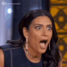 a woman with a surprised look on her face has the hashtag #cbcdragonsden on the bottom