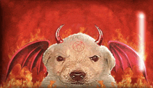 a dog with devil horns and wings has a pentagram on its head