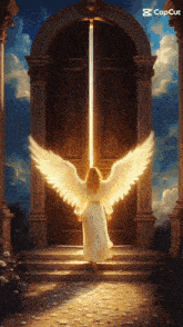 a painting of an angel standing in front of a door that is open